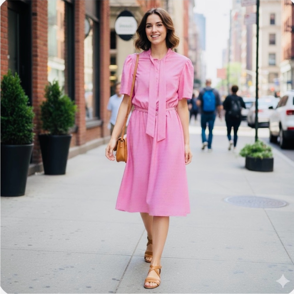 Vintage Pink Puff Sleeve Wrap Midi Dress